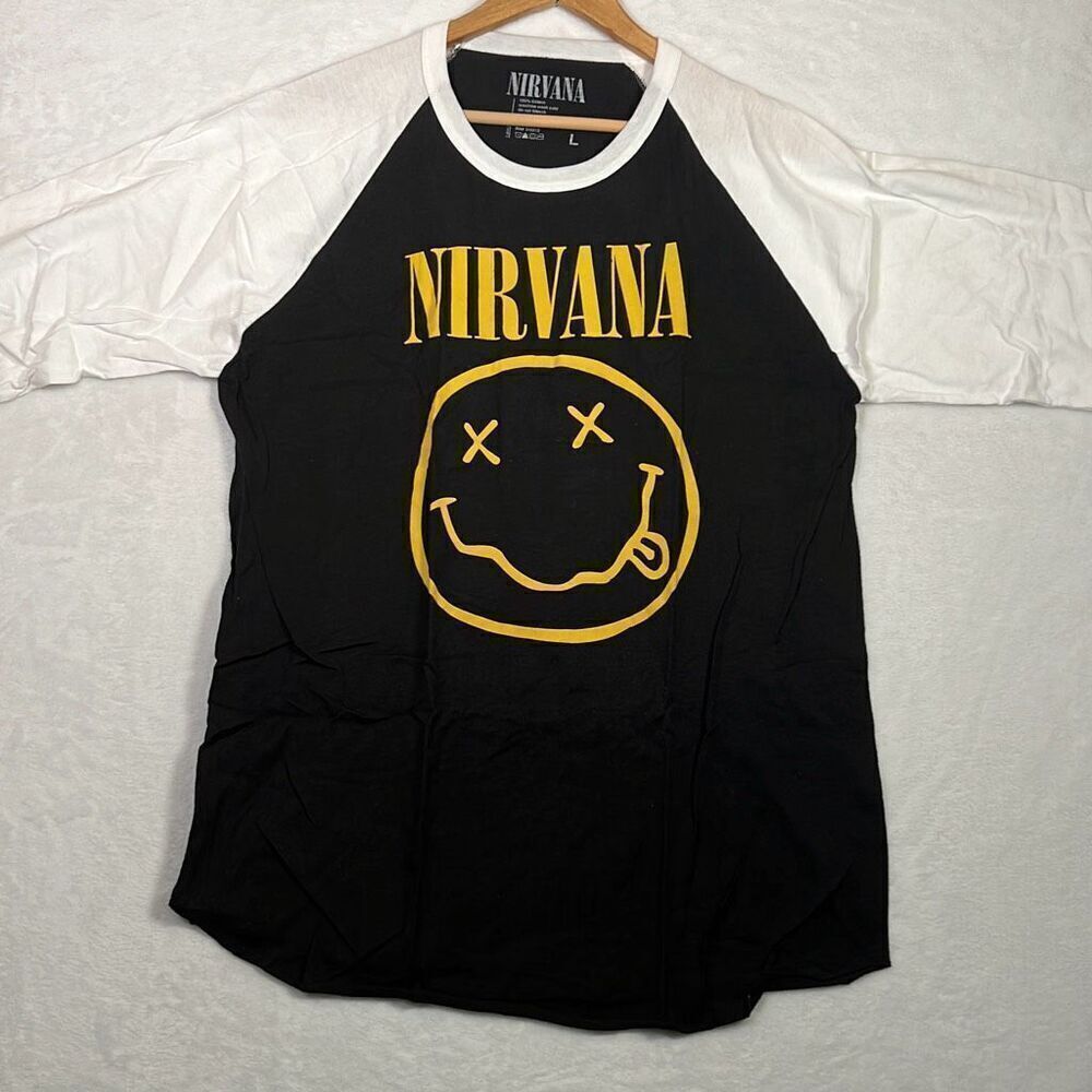 Nirvana Smiley face concert release Raglan long hem cotton T-shirt NWOT Men L